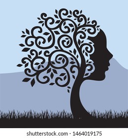 female tree with mountain landscape in behind