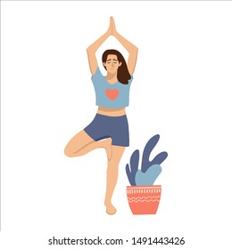 Female in  in a tree yoga pose with a plant. Woman in a blue t-shirt practicing yoga. Hand drawn coloured vector illustation. Gym, pilates, yoga classes isolated design element.