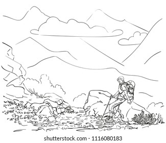 Female trekker with backpack sitting on big stone with mountain landscape on background, Hand drawn vector linear illustration