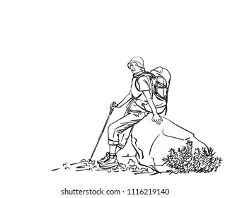 Female trekker with backpack sitting and resting on big rock, Hand drawn vector linear illustration