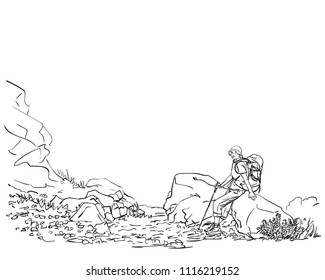 Female trekker with backpack sitting and resting on big rock, Hand drawn vector linear illustration