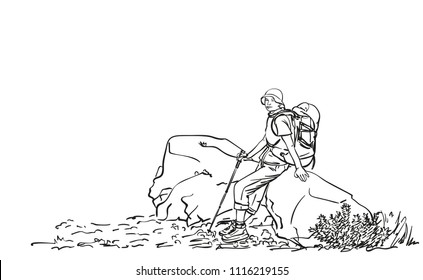 Female trekker with backpack sitting and resting on big rock, Hand drawn vector linear illustration