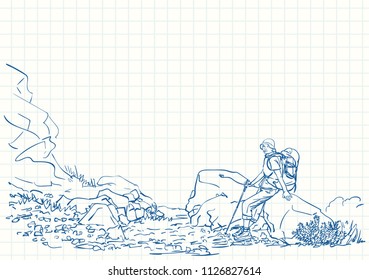 Female trekker with backpack sitting and resting on big rock, Blue pen sketch on square grid notebook page, Hand drawn vector linear illustration