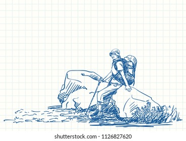 Female trekker with backpack sitting and resting on big rock, Blue pen sketch on square grid notebook page, Hand drawn vector illustration