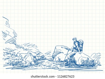 Female trekker with backpack sitting and resting on big rock, Blue pen sketch on square grid notebook page, Hand drawn vector illustration