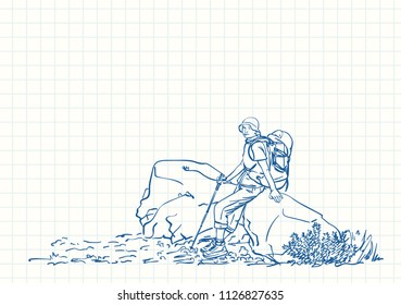Female trekker with backpack sitting and resting on big rock, Blue pen sketch on square grid notebook page, Hand drawn vector linear illustration