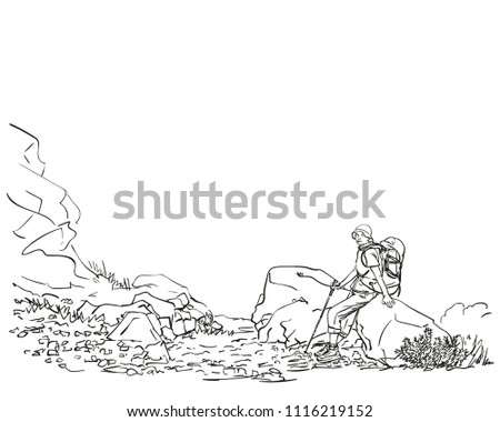 Female trekker with backpack sitting and resting on big rock, Hand drawn vector linear illustration