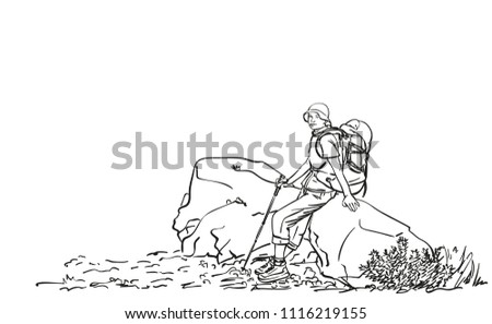 Female trekker with backpack sitting and resting on big rock, Hand drawn vector linear illustration