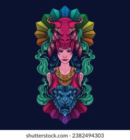female tribe with oni crown and lion zodiac