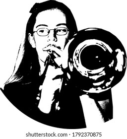 female trombone player with glasses and long hair . jazz bigband performance of an amazing trombone solo . concentrated look and straight posture of musician . black and white trombonist portrait .