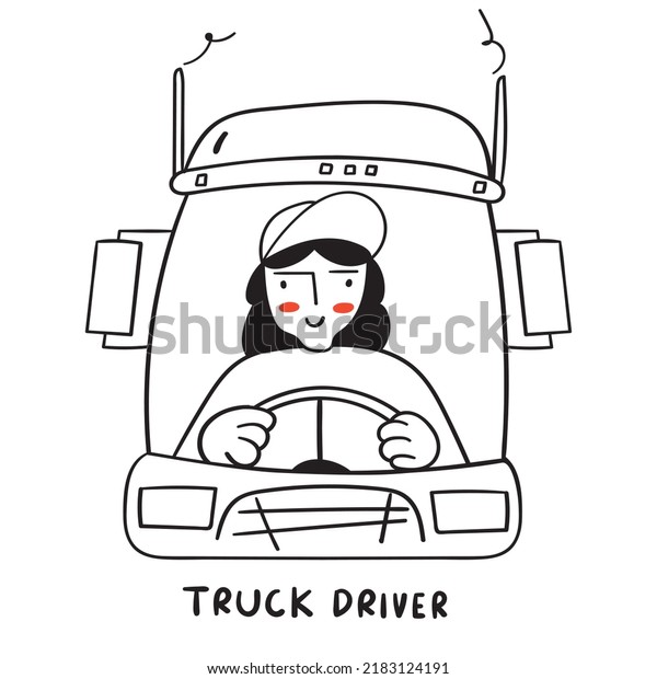 Female truck driver. Outline icon. Vector\
illustration on white\
background.
