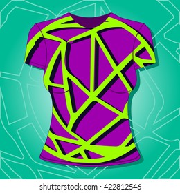 Female t-shirt design, textile pattern, illustration, hipster style, t-shirt template, image on t-shirt, purple fill,abstract tennis ball, web,fitness shirt, sports t-shirt