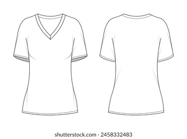 Female t-shirt technical sketch. Woman v-style neckline and short sleeves shirt. Fashion daily or sport clothes, line flat decent vector template