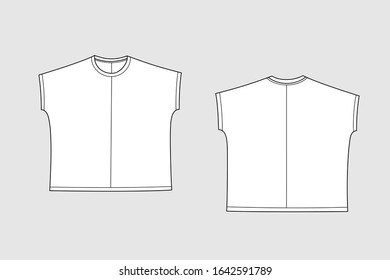 Female t-shirt vector template isolated on a grey background. Front and back view. Outline fashion technical sketch of clothes model.