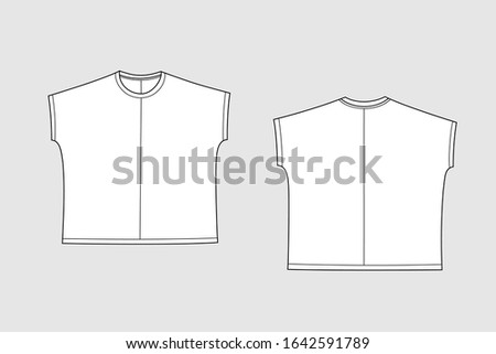 Female t-shirt vector template isolated on a grey background. Front and back view. Outline fashion technical sketch of clothes model.
