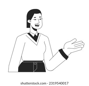 Female tutor explaining with smile flat line black white vector character. Editable outline half body person on white. Office woman simple cartoon isolated spot illustration for web graphic design