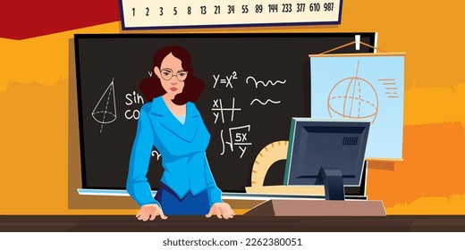 Female tutor teaching kids in vector design. education stock illustration. books and computer on the table. blackboard in the background