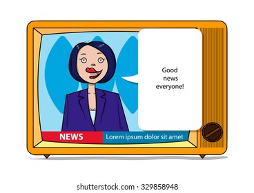 Female TV host reports good news picture with space for any text message.