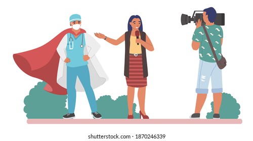 Female tv journalist interviewing doctor wearing super hero red cape before cameraman, flat vector illustration. Interview with doctor superhero, health care professional fighting coronavirus disease.