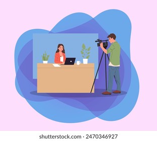 Female TV news anchor. Newscaster, cameraman working in studio flat vector illustration. Broadcasting, media, daily news concept for banner, website design or landing web page