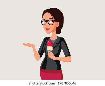 Female TV Reporter Holding a Microphone Vector Illustration. Newswoman live broadcasting news events reporting on the field
