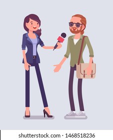 Female Tv Reporter Interviewing Questions. Woman Holding An Interview With Man, Professional Journalist In Conversation For Radio, Newspaper, Asking For Opinion. Vector Flat Style Cartoon Illustration