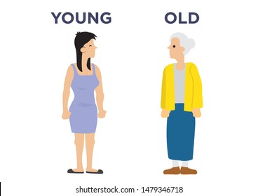 Female in two different age. Concept of aging. Flat cartoon isolated illustration.