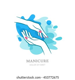 Female two hands in clean water splash. Vector logo, label, emblem design elements and backgrounds. Concept for beauty salon, manicure, womens hand  cosmetic, organic care and spa. 