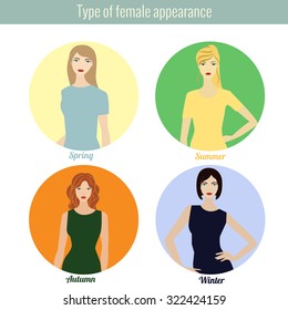 Female type of appearance of color type. Set with portrait of beautiful girls