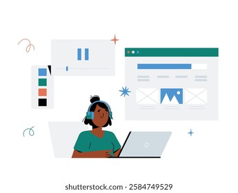 Female UI Designer Working On Website Layout In Flat Vector Illustration Symbolizing UX Design, Web Development, And Digital Creativity, Isolated On White Background.