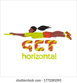 Female ultimate player flat hand drawn vector illustration with lettering «Get horizontal». Girl is catching the disk.  