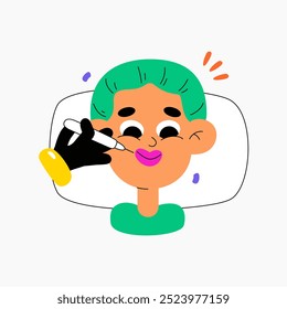 Female undergoing lip injection, botox, dermal filler, and face hydration treatment for cosmetic enhancement, flat vector illustration