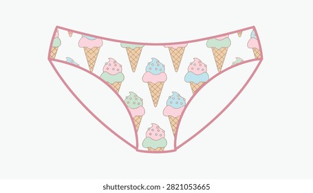 Female underwear panties with repeating pattern of delicious ice cream cones on a plain white background.