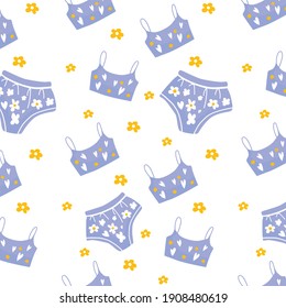 Female underwear pattern with a flowers and hearts. Trendy female underwear. Modern hand drawn women's underwear. Beautiful pattern . Sensuality and femininity concept. Isolated illustrated element.
