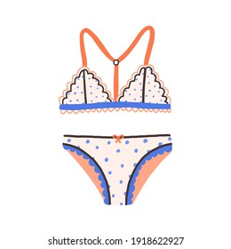 Female underwear with polka dot pattern. Elegant cute lingerie with wireless bra and panties. Brassiere with straps and laces. Colored flat vector illustration isolated on white background