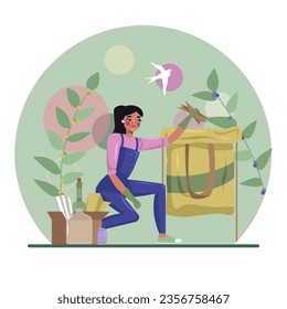 Female in uniform collect waste outside. Lady caring of nature, cleaning territory. Young lady engaged in waste sorting. Flat vector illustration in green colors