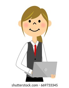 The female of the uniform with a laptop computer