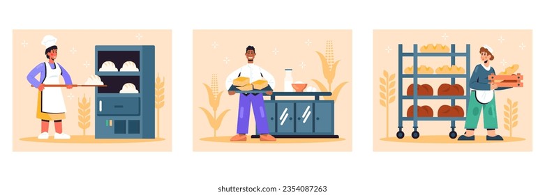 Female in uniform standing near oven and putting bread for baking in oven. Man making bread from cornmeal. Woman working near rack with bread. Vector Illustration in cartoon style