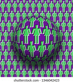 Female unity optical illusion concept. Rotating sphere over moving surface with women symbols.