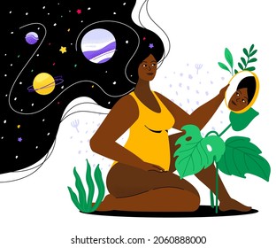 Female universe - colorful flat design style illustration with a cartoon character. Strong beautiful African American woman looks in the mirror and sees in reflection space, planets and stars