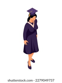 Female university graduate wearing cap and mantle isometric character 3d vector illustration