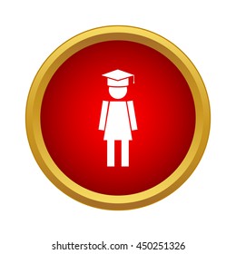 Female university student icon in simple style in red circle. Human symbol