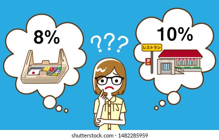 Female university student who has question about Japanese consumption tax - Japanese word means "Restaurant",Line art