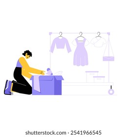 Female Unpacking Clothing Items In Flat Vector Illustration Symbolizing Fashion, Shopping, And Organization, Isolated On White Background.