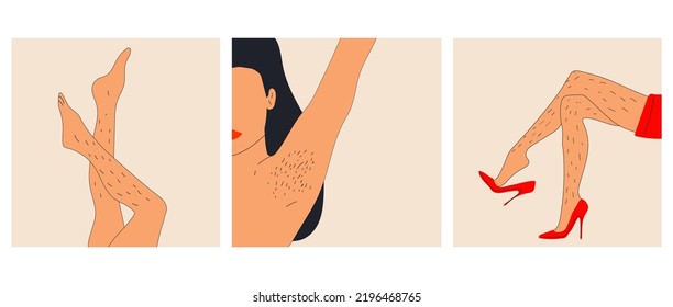 Female unshaved hairy legs and armpit hair set of three Hand drawn Vector illustrations. Poster body positivity