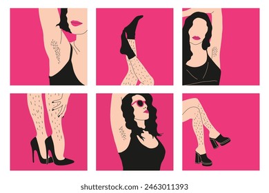 Female unshaved hairy legs and armpit hair set of six Hand drawn. Poster body positivity