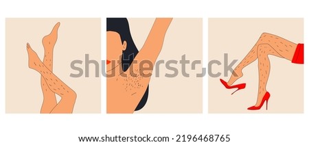 Female unshaved hairy legs and armpit hair set of three Hand drawn Vector illustrations. Poster body positivity Stock foto © 
