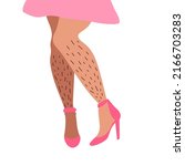 Female unshaved hairy legs in pink high heels. Before hair epilation. Skin care, woman love your body. Self Acceptance, Beauty Diversity, Body Positive. Hand drawn flat trendy fashion illustration