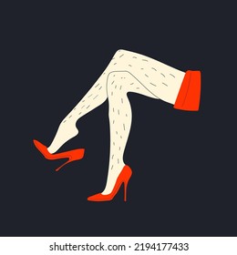 Female unshaved hairy legs in red high heels. Before hair epilation. Skin care, woman love your body. Self Acceptance, Beauty Diversity, Body Positive. Hand drawn flat trendy fashion illustration 