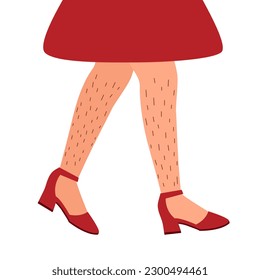 Female unshaved hairy legs in red high heels flat design on white background.